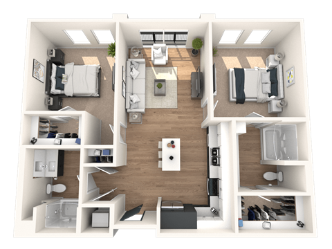 Floor plan for 2 beds, 2 baths, 1037 sqft
